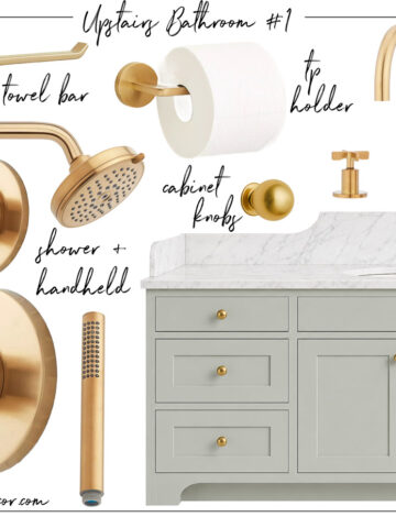 Collage of timeless bathroom fixtures in brushed gold plus light green vanity