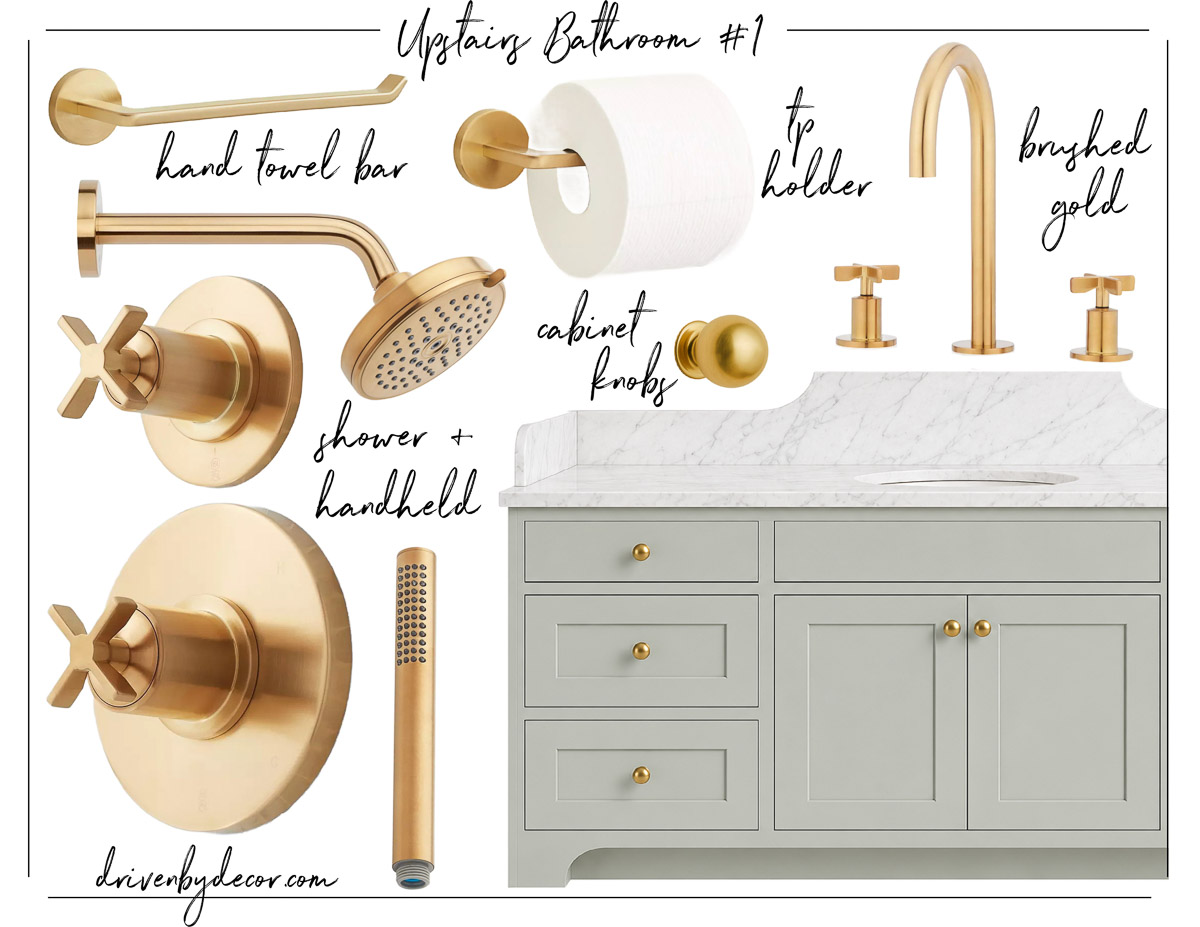 Collage of timeless bathroom fixtures in brushed gold plus light green vanity