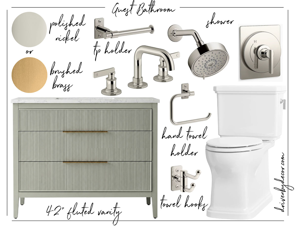 Collage of timeless bathroom fixtures plus toilet and vanity for guest bathroom