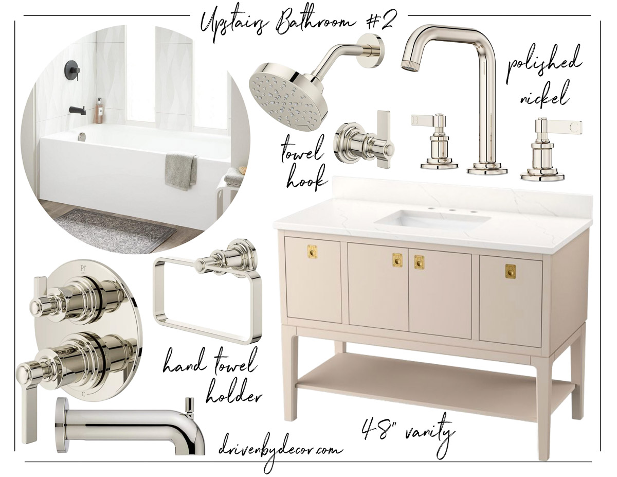 Collage of timeless bathroom fixtures in polished nickel plus bathtub and vanity