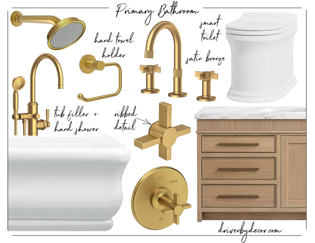 Collage of satin bronze bathroom fixtures, tub, vanity, and toilet for primary bathroom