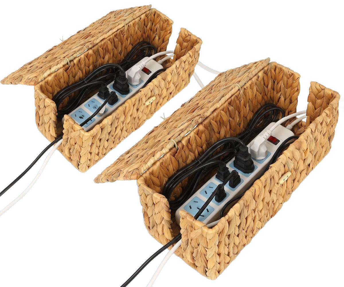 Woven cord management boxes with power strip inside