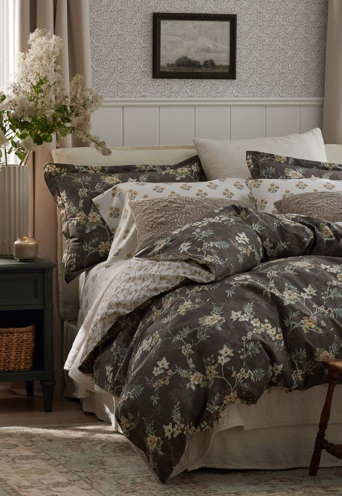 Brown floral bedding on a bed