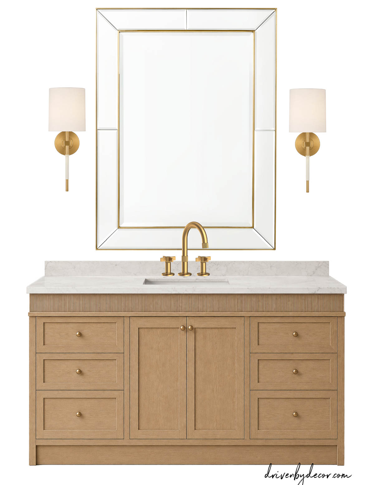 Like oak bathroom vanity with large mirror flanked by sconces