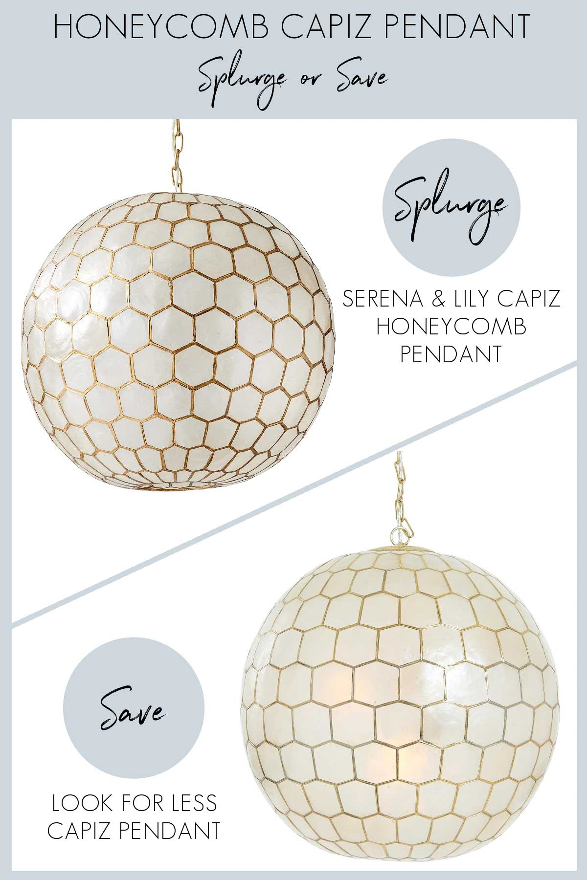 Capiz honeycomb pendant in splurge and save versions