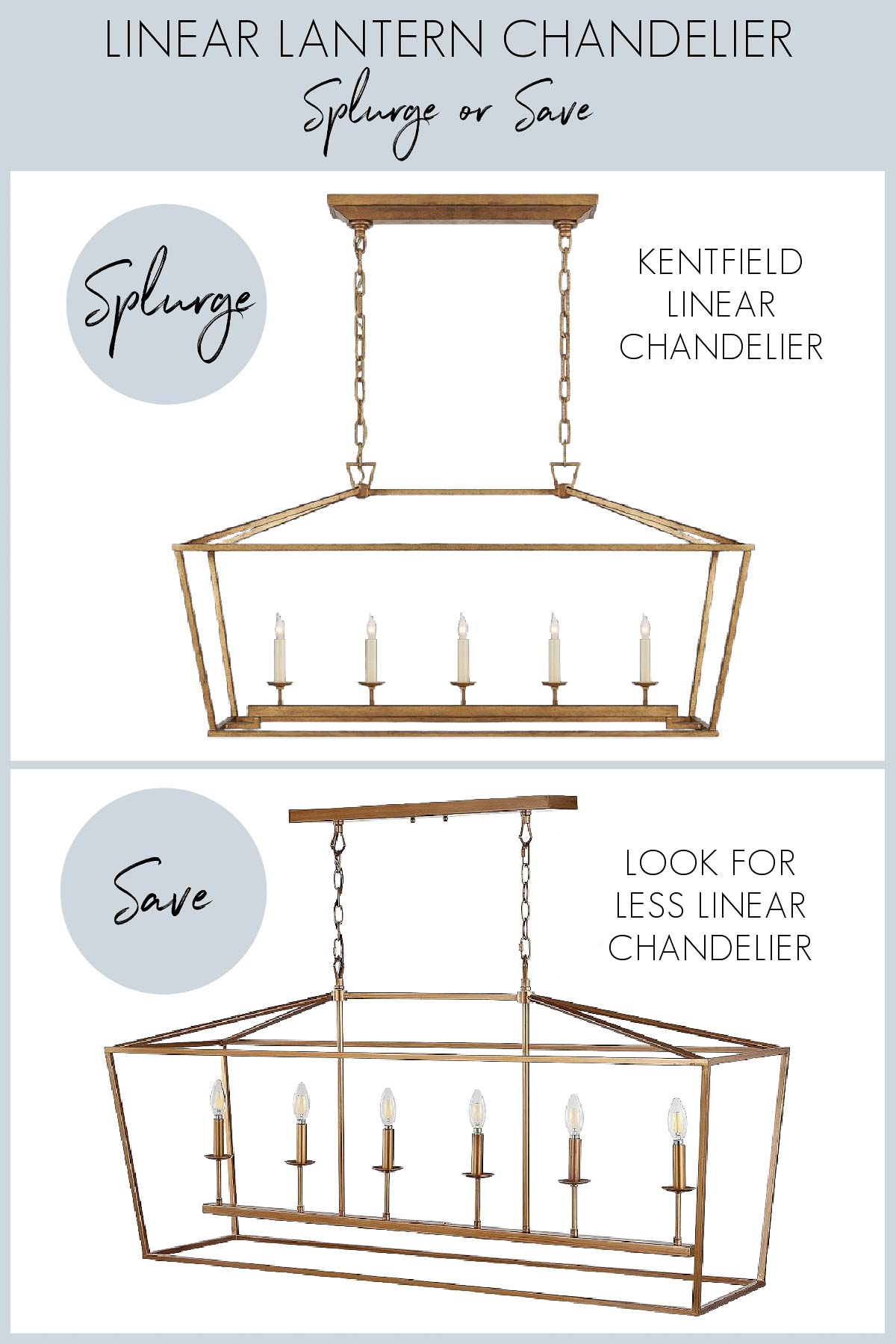 Linear lantern chandelier in splurge and save versions