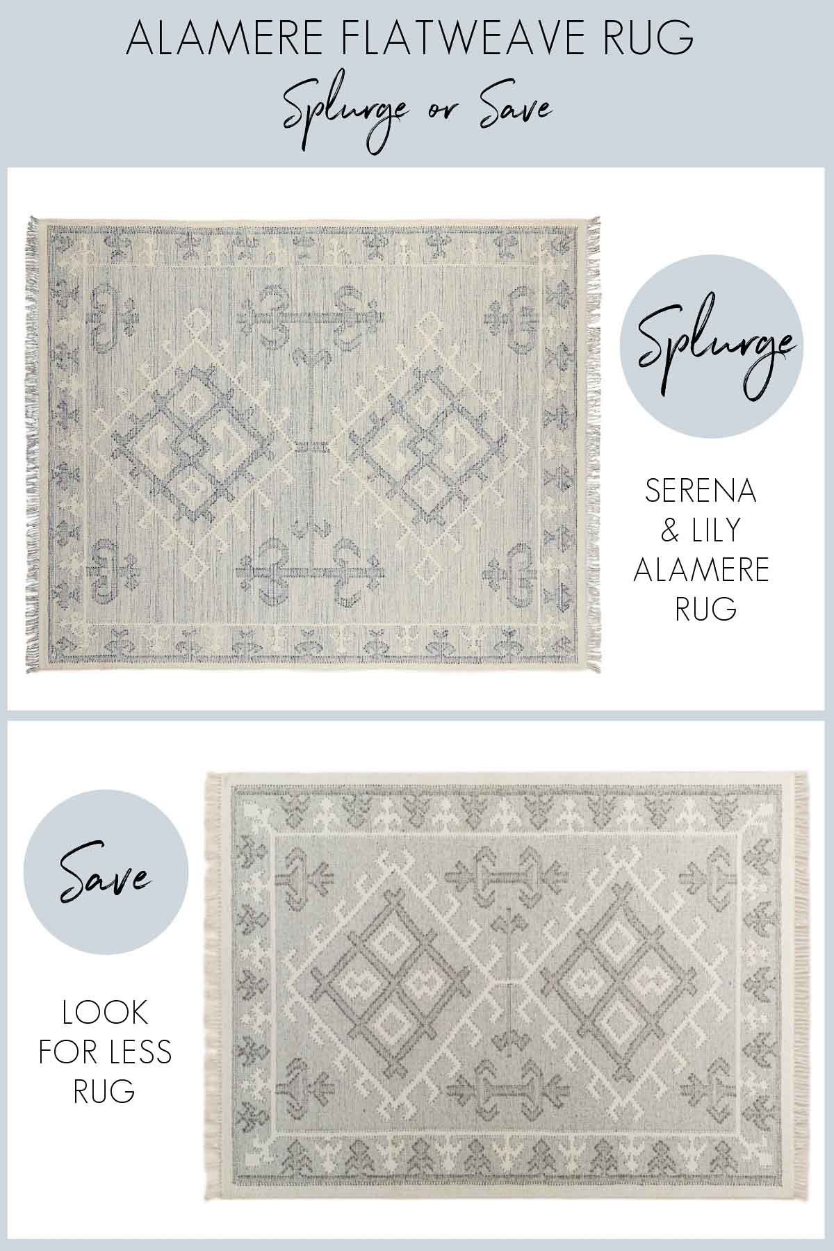 Patterned flatweave rug in splurge and look for less versions