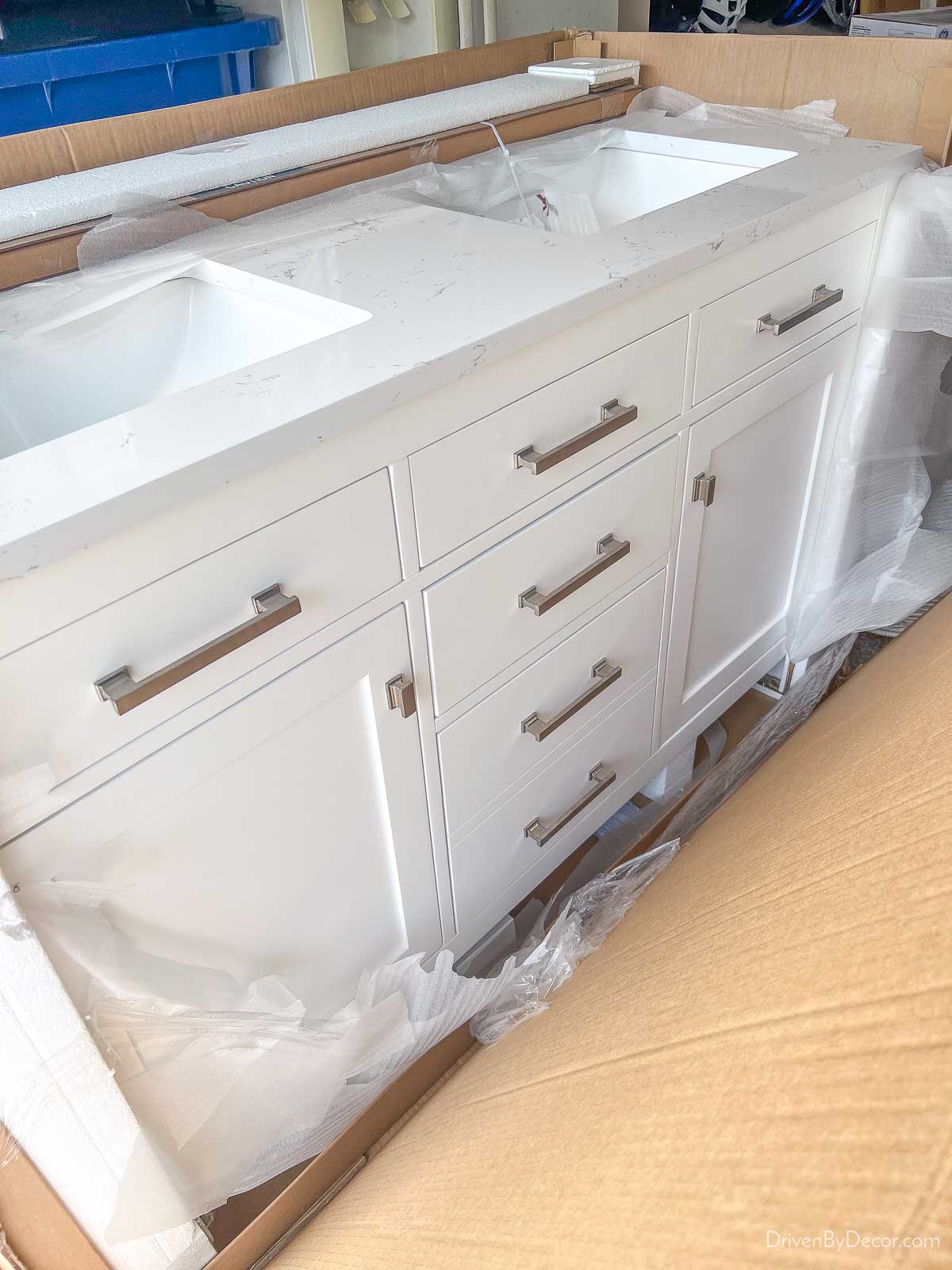 White double vanity in box
