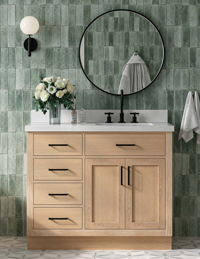 Oak bathroom vanity with offset sink