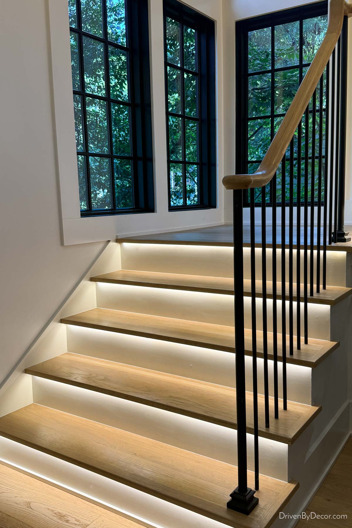 Stairs with lighting recessed under stair tread